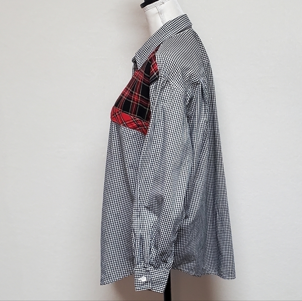 VINTAGE 90s Karen Kane Red Tartan Plaid Black Plaid Colorblock Button Up Blouse - Picture 7 of 13